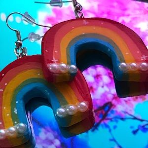 Rainbow baby dangle earrings with pearl clouds